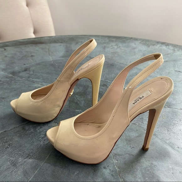 Prada Shoes - Prada Cream Patent Peeptoe Slingback Heel